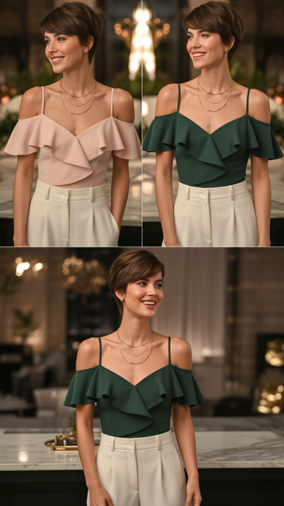 Off-Shoulder Ruffle Top with High-Waisted Pants