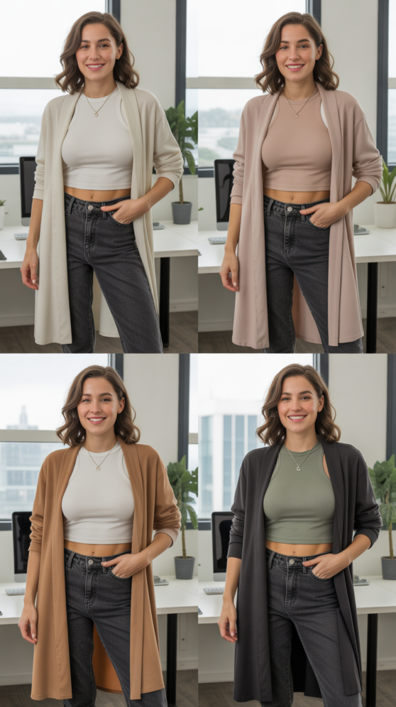 High-Waisted Jeans with Crop Top and Long Cardigan