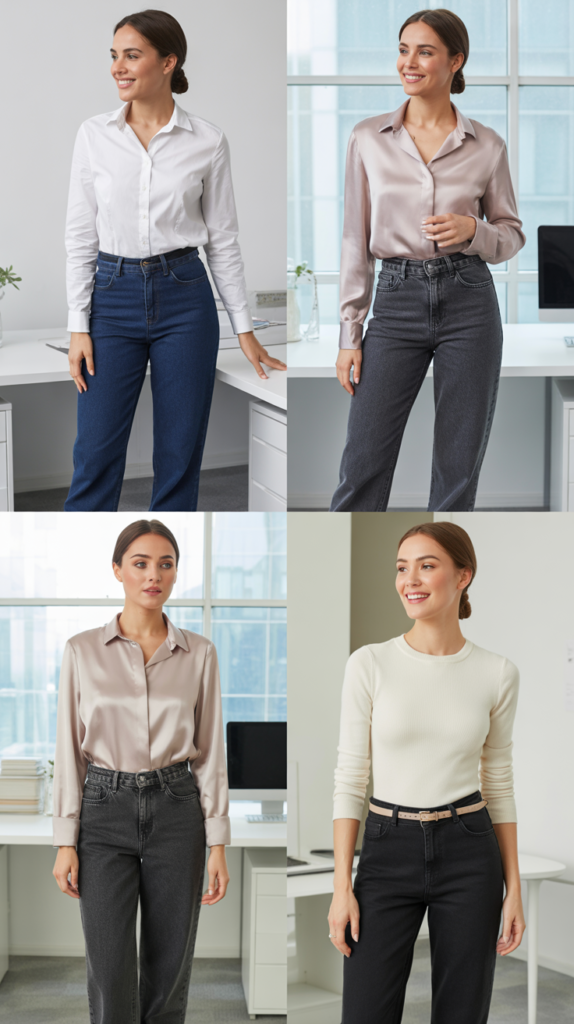 High-Waisted Straight Leg Jeans with Tucked Blouse