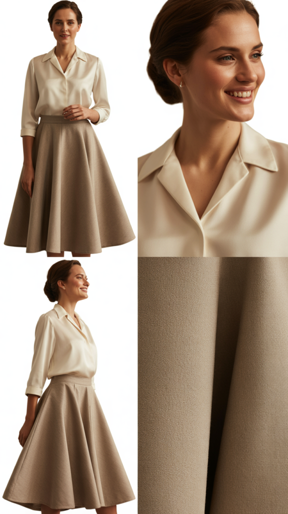  Beige A-Line Skirt with Silk Blouse