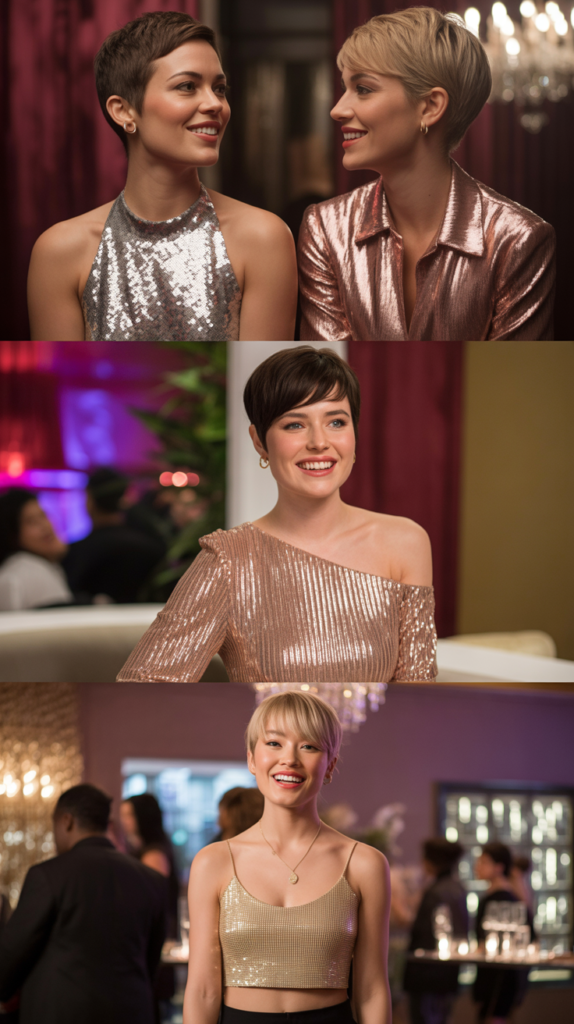 Sequined or Metallic Top with Dark Bottoms