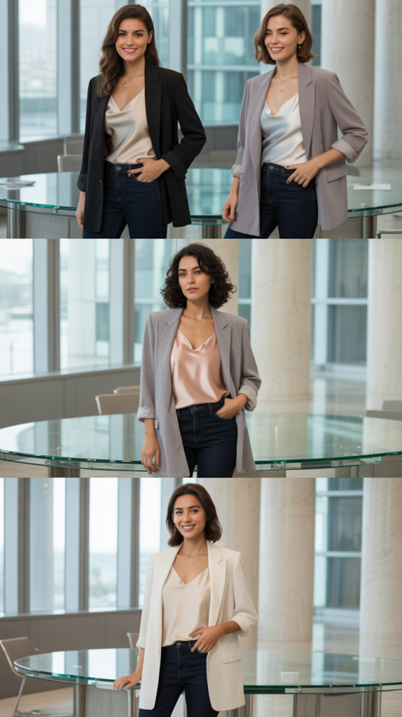 Dark Jeans with Silk Camisole and Blazer