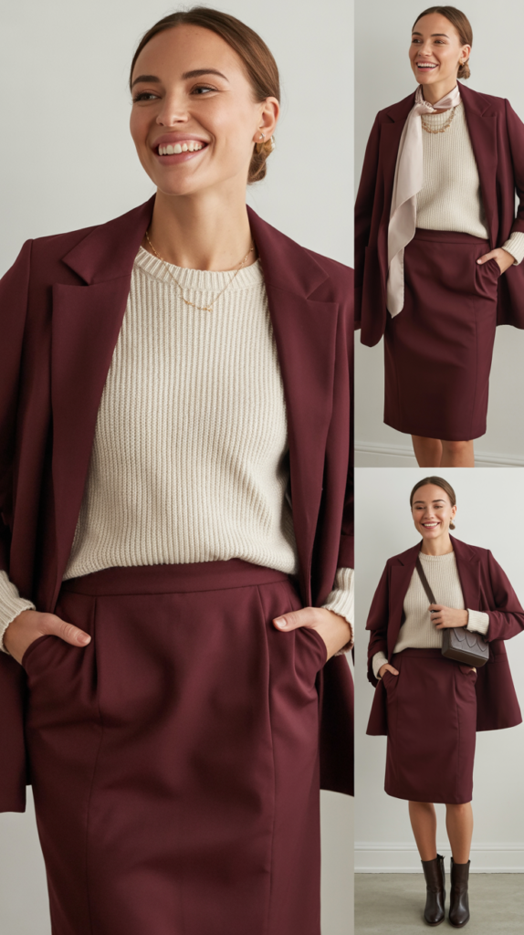  Burgundy Pencil Skirt with Cream Knit