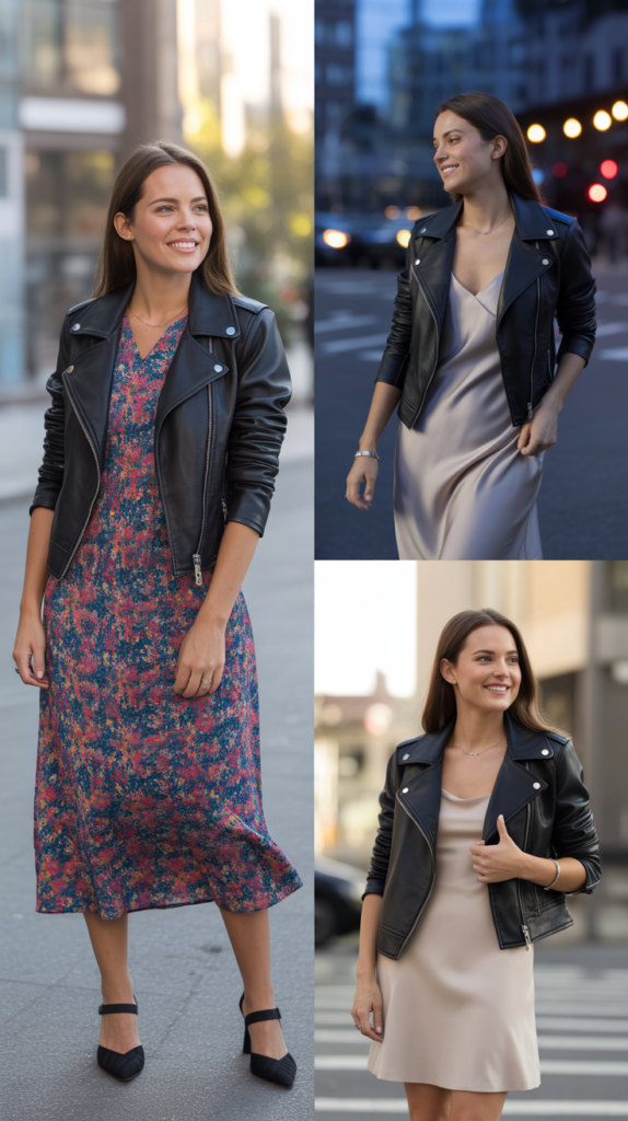 Leather Jacket and Feminine Dress