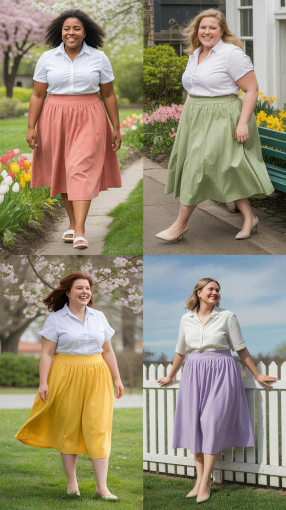 A-Line Midi Skirts with Tucked-In Blouses