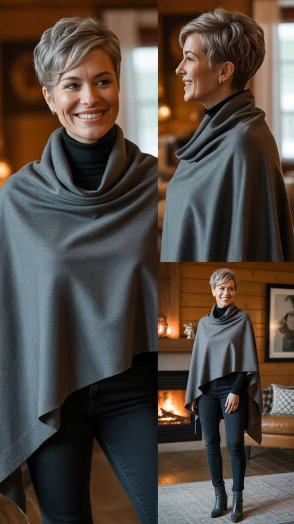 Wool Poncho Over Long-Sleeve Basics