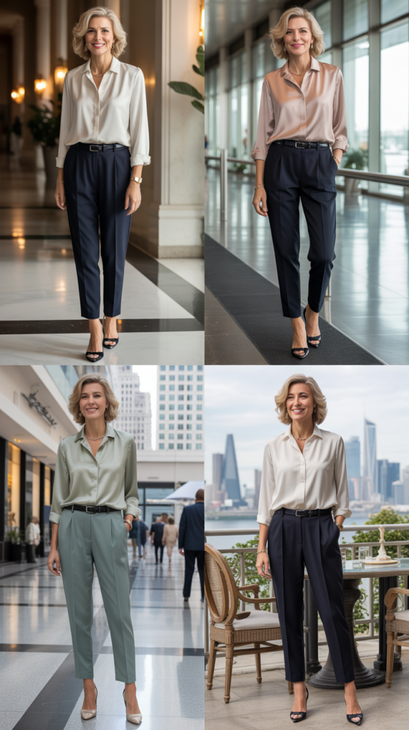 Pull-On Ankle Pants with Silk Blouse