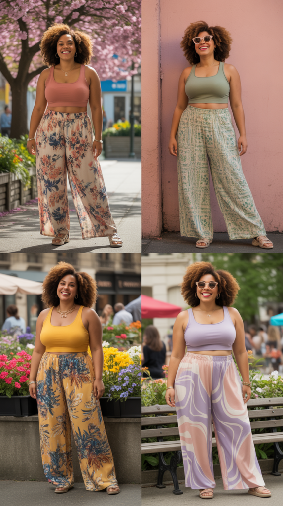 Printed Palazzo Pants with Solid Crop Top