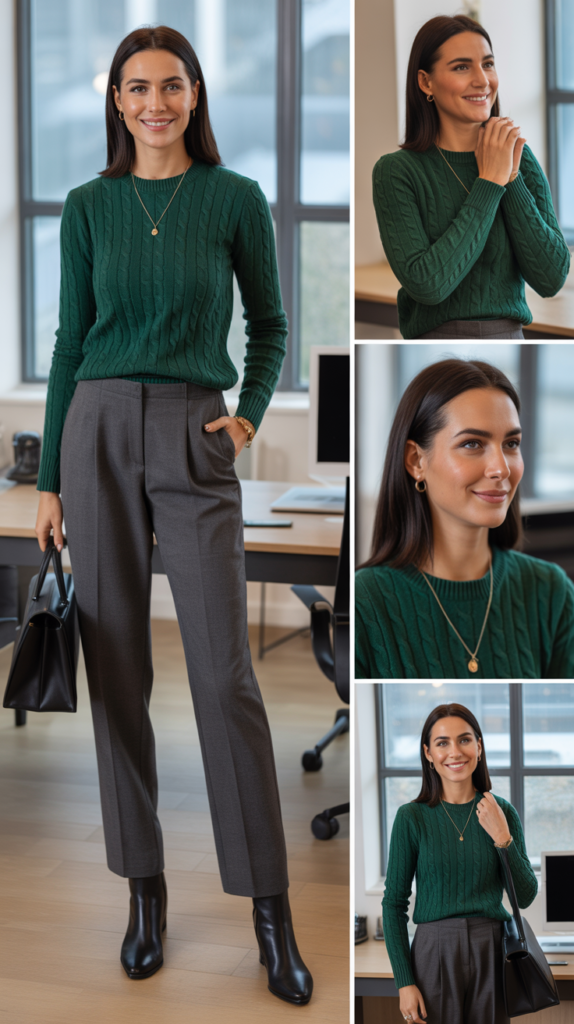 Jewel-Tone Sweater with Neutral Bottoms