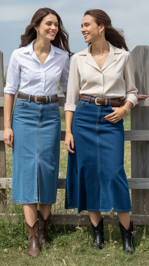 Midi Denim Skirt with Tucked Blouse