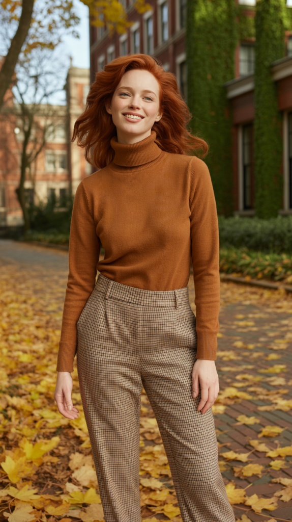 Caramel Turtleneck with Plaid Trousers