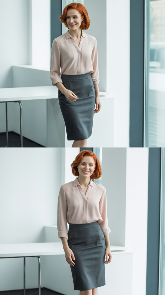 Soft Pink Blouse with Grey Pencil Skirt
