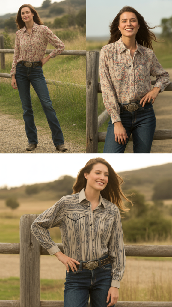 Printed Blouse with Dark Denim