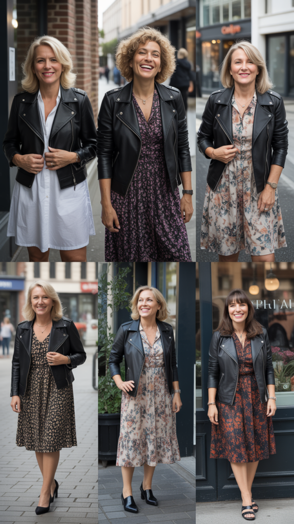 Leather Jacket with Feminine Dress