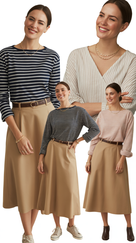 Tan Skirt with Striped Long-Sleeve Top