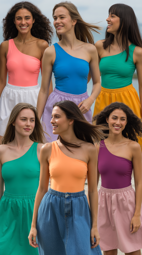 One-Shoulder Swimsuit as Bodysuit with Skirt