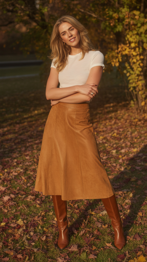 Suede Midi Skirt with White Tee