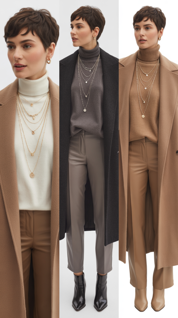 Layered Necklaces Over Turtleneck