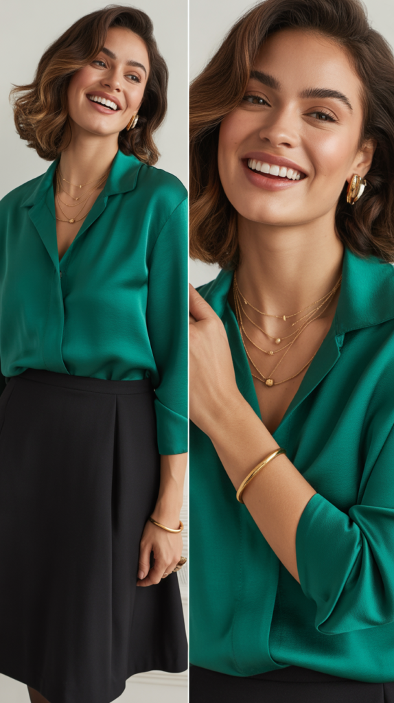 Black Skirt with Emerald Green Blouse