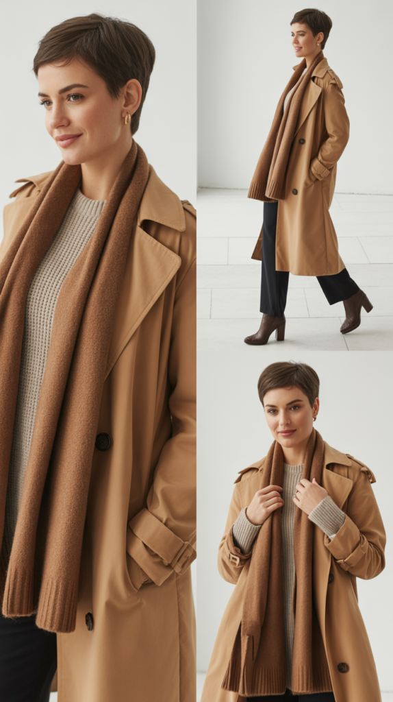 Trench Coat with Knit Scarf and Sweater