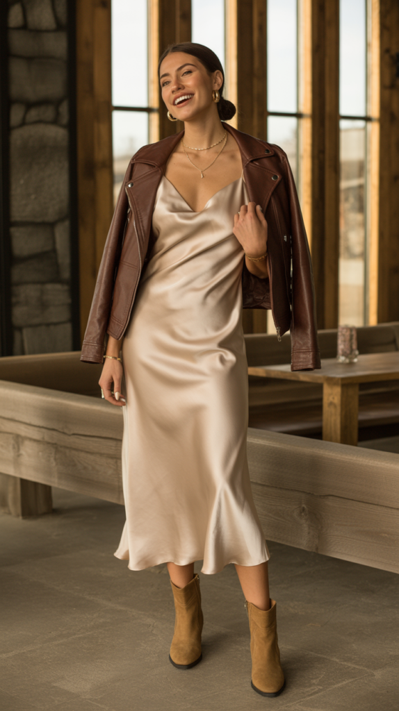 Satin Slip Dress with Leather Moto Jacket
