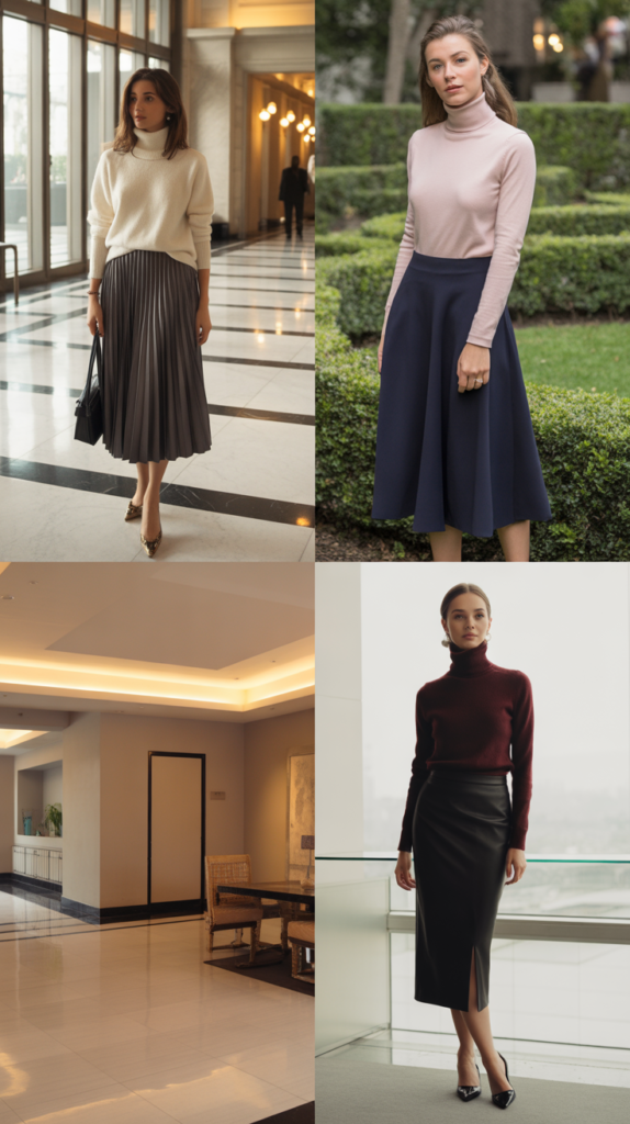 Turtleneck and Midi Skirt
