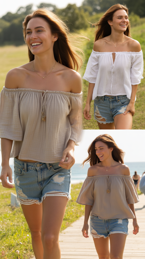 Off-Shoulder Peasant Top with Cut-Off Shorts