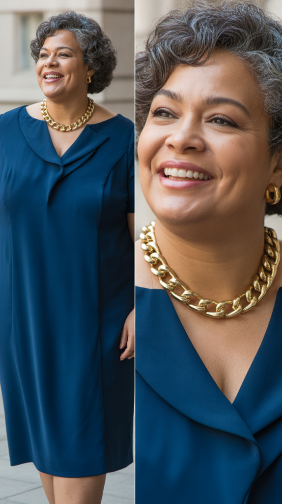 Knee-Length Shift Dress with Statement Necklace