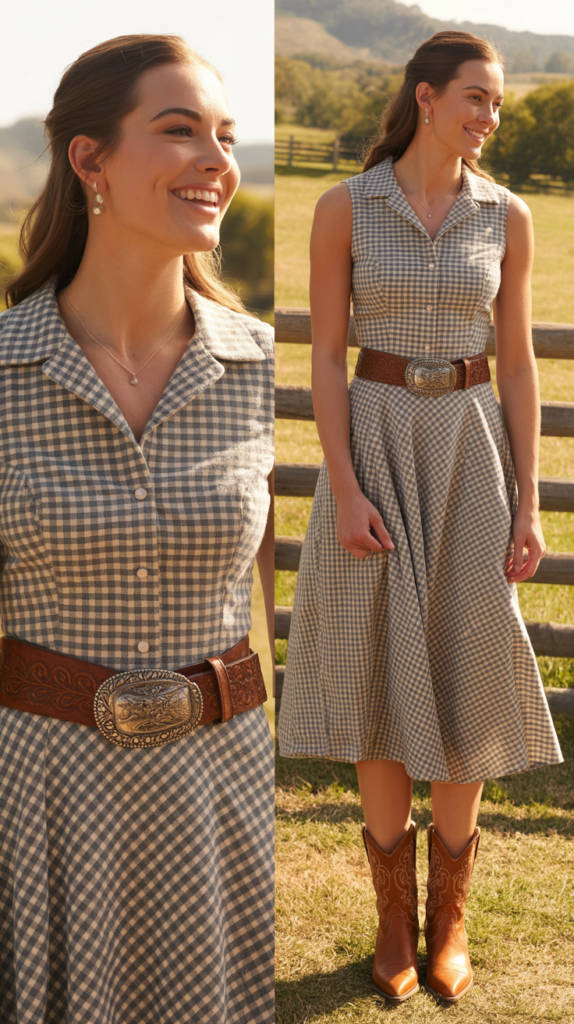 Gingham Print Dress with Western Belt