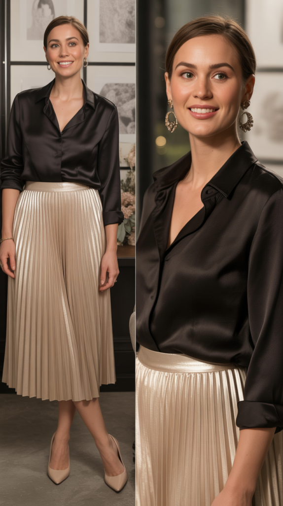 Champagne Skirt with Black Silk Blouse