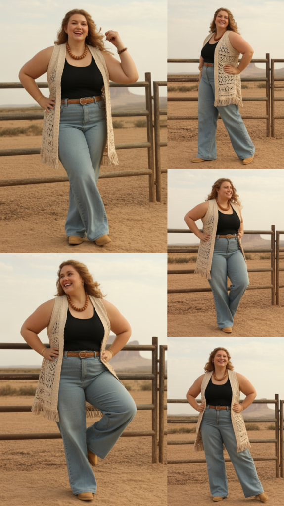 Light Wash Wide Leg Jeans With Crochet Vest And Tank