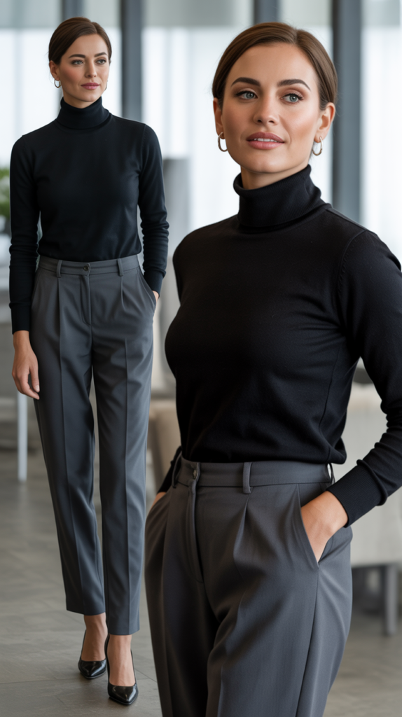 Black Turtleneck and Tailored Trousers