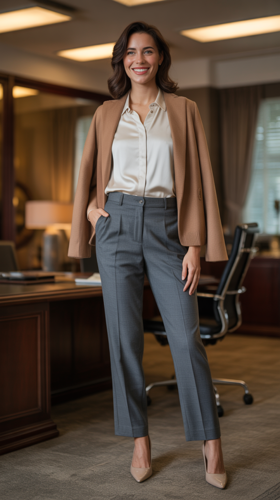 Wool Trousers with Silk Shell and Cardigan