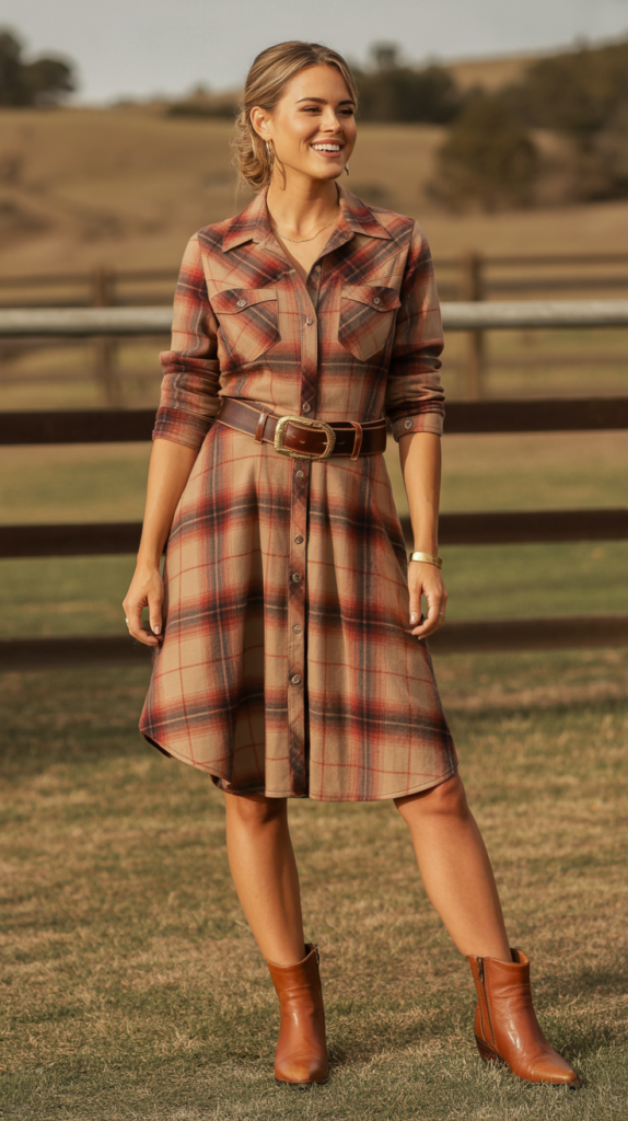 Plaid Shirt Dress with Leather Accents