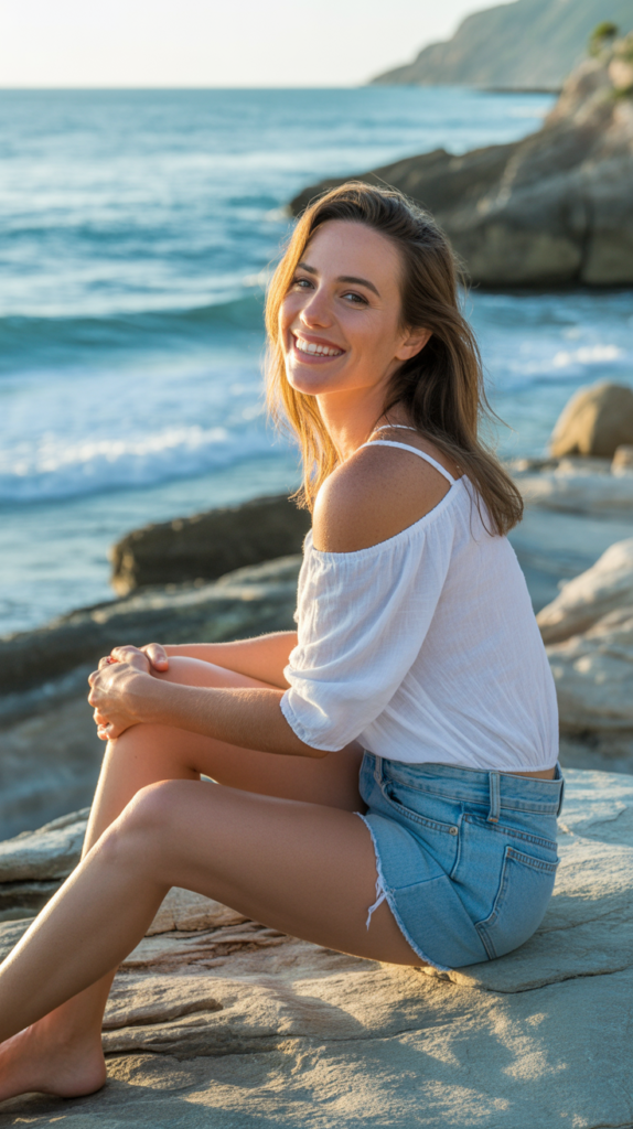 Off-Shoulder Cotton Top with Denim Cutoffs