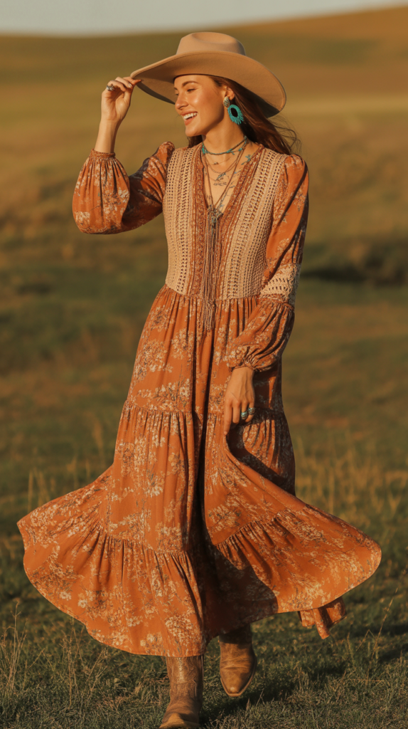 Bohemian Maxi Dress with Cowboy Hat