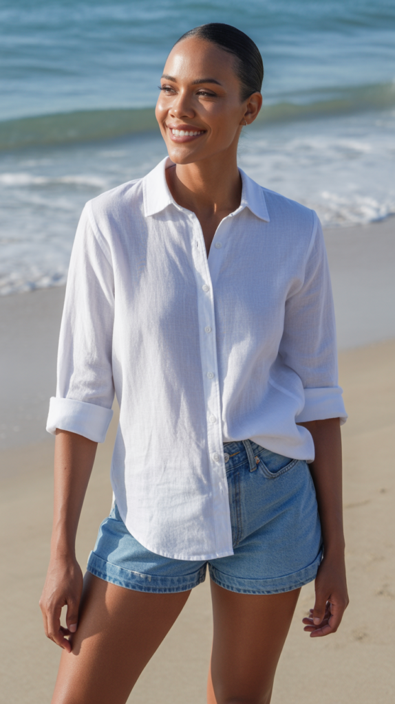 Classic White Linen Shirt and Denim Shorts