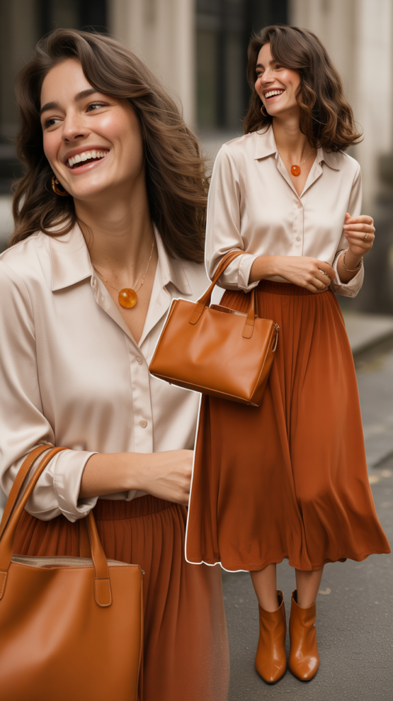 Rust Orange Skirt with Cream Blouse