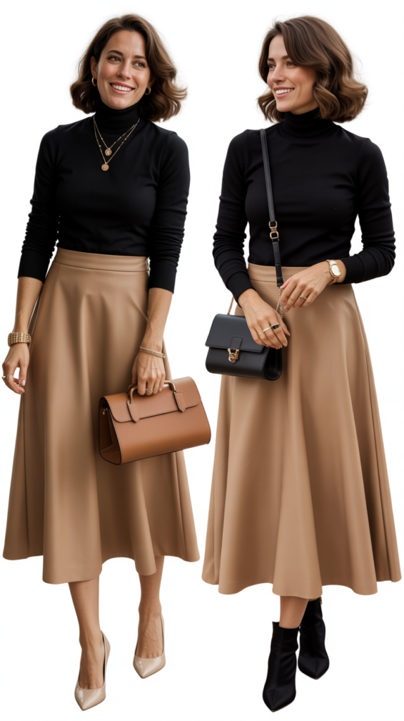 Camel Skirt with Black Turtleneck