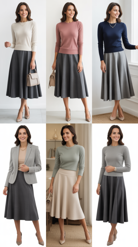 Charcoal Midi Skirt with Cashmere Sweater