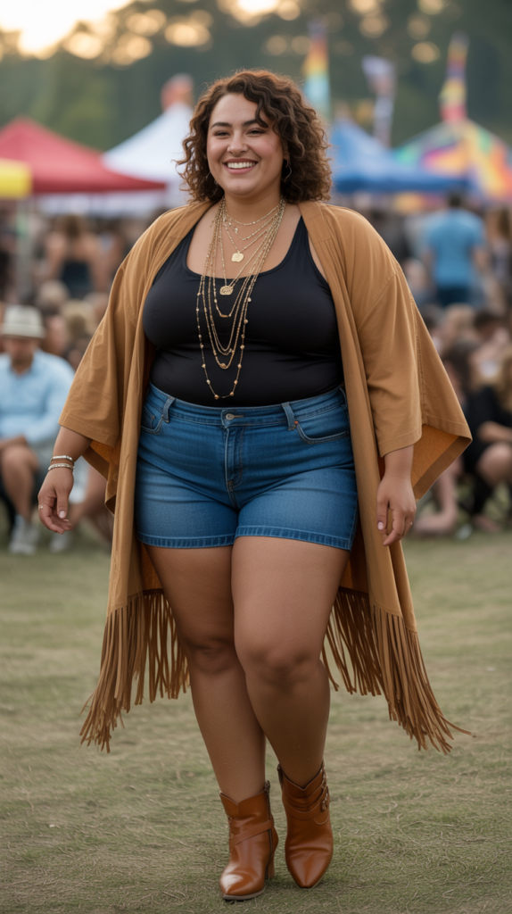 Denim Shorts With Fringe Kimono Overlay