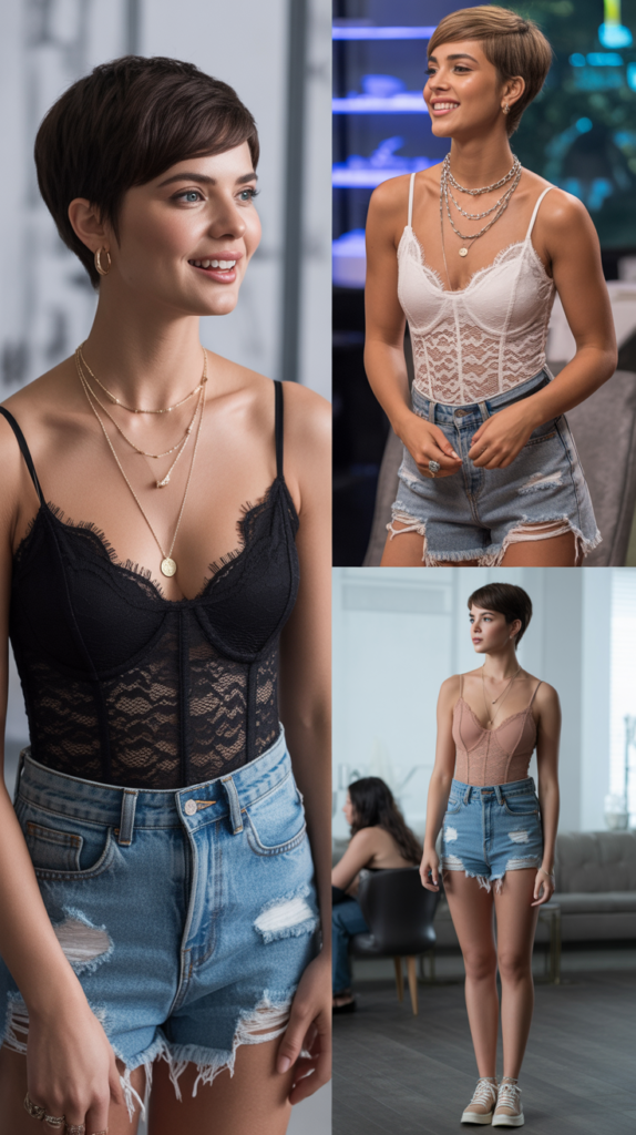 Lace Bodysuit with Denim Cutoffs