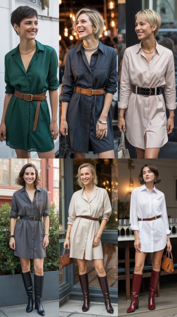 Belted Shirt Dress with Knee-High Boots