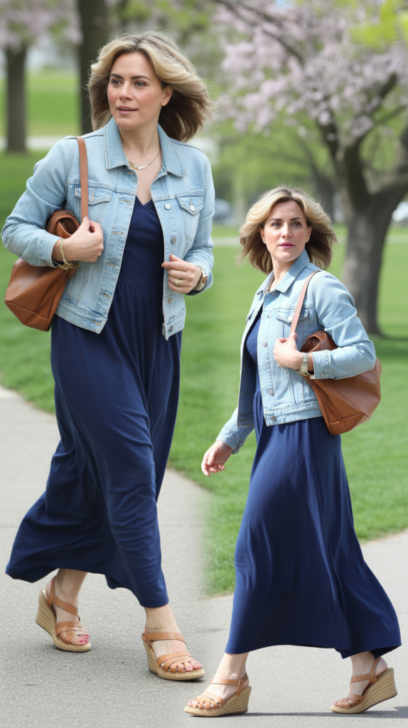 Maxi Dress with Denim Jacket and Sandals