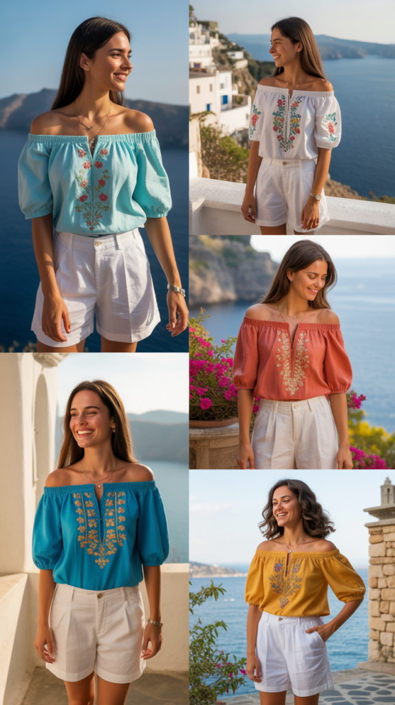  Off-Shoulder Peasant Top and White Shorts