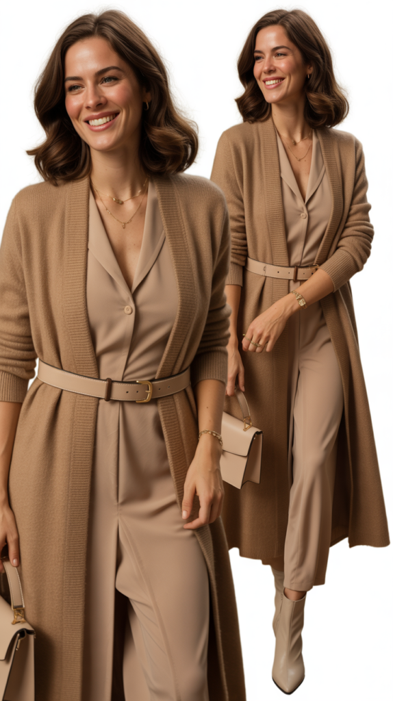 Camel Cardigan Over Dress for Layered Sophistication