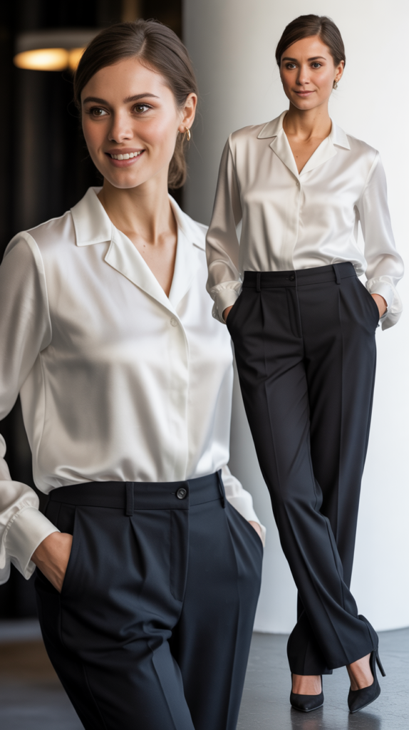 Silk Blouse with Black Trousers