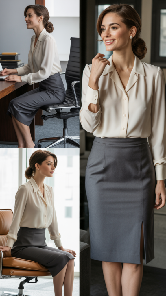Knee-Length Pencil Skirt with Silk Blouse