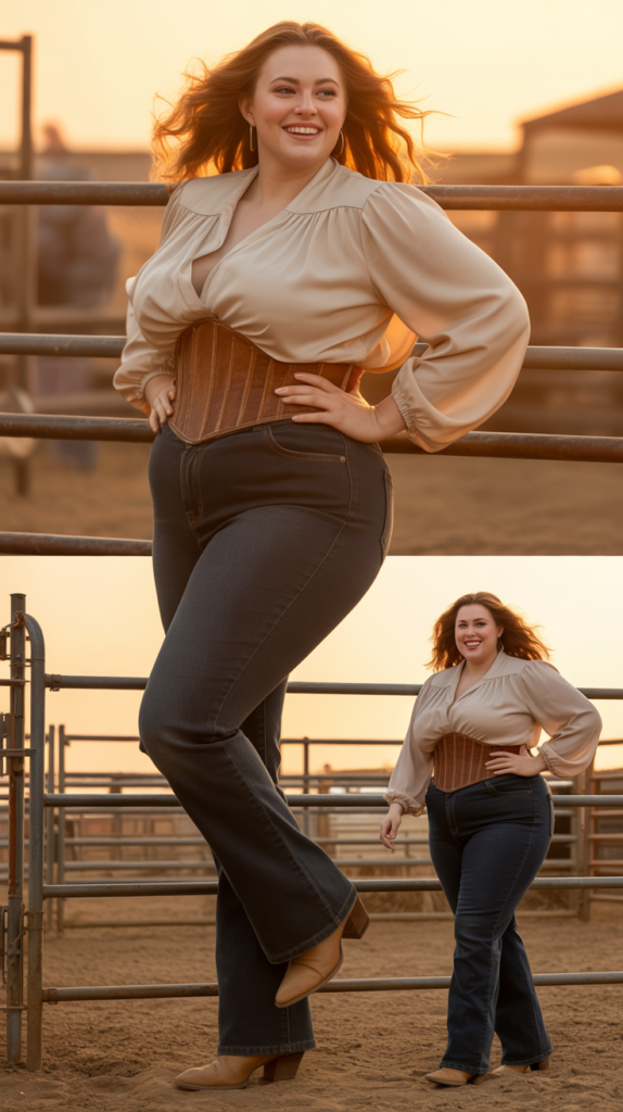High-Waisted Flare Jeans With Corset-Style Belt And Blouse