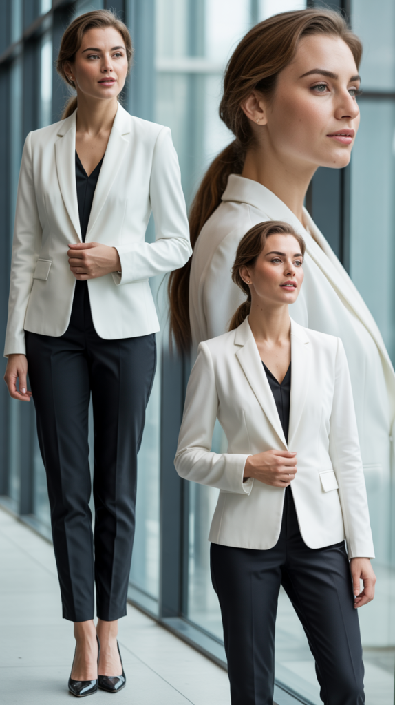 White Blazer with Black Slim Pants